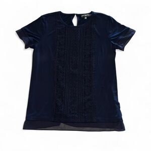 Karl Lagerfeld Women's XS Keyhole Blouse Mesh and Crochet Details Navy